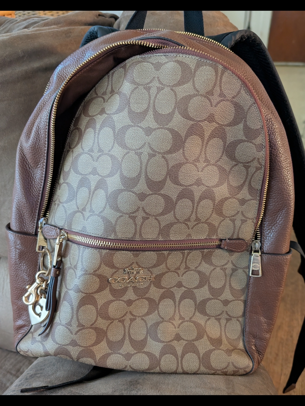 Coach Brown Signature Monogram Backpack with Leather Trim